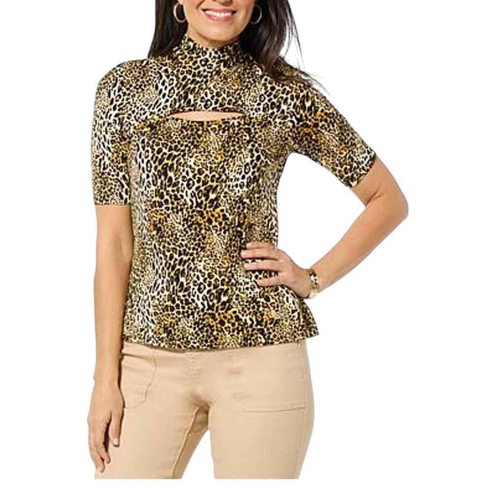 DG2 Women's Mock-Neck Top w/ Chest Keyhole Natural Cheetah - Regular